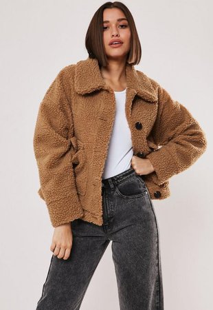 Tan Cropped Borg Teddy Trucker Jacket | Missguided