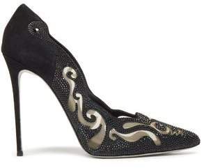 Rene' Caovilla Electric 115 Crystal-embellished Laser-cut Suede And Mesh Pumps