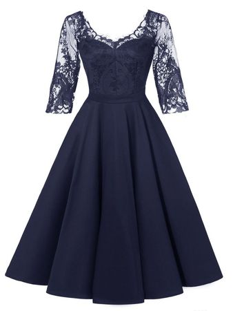 Navy Dress with Lace Sleeves