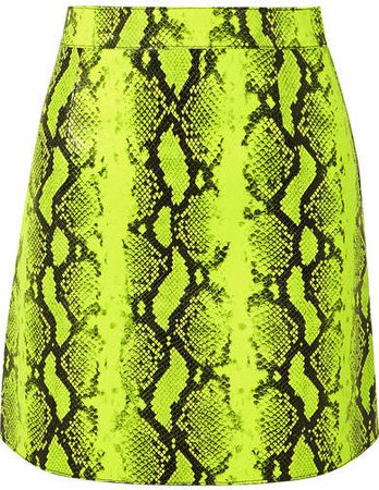 Neon Snake-effect Leather Mini Skirt - Lime green