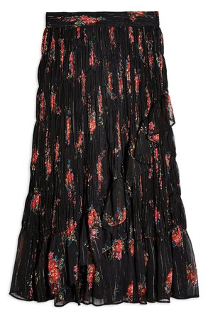 Topshop Floral Print Metallic Wrap Skirt black