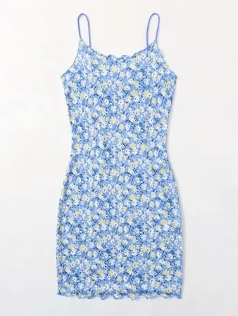 Ditsy Floral Print Lettuce Edge Dress | SHEIN USA blue