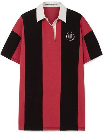 Oversized Embellished Striped Cotton-jersey Polo Shirt - Red