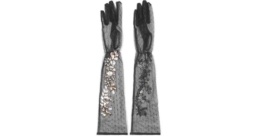 Women's Black Crystal-embellished Point D'esprit Gloves