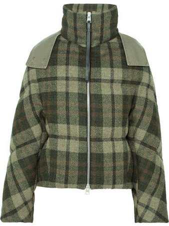 Hooded Checked Wool Down Jacket - Army green