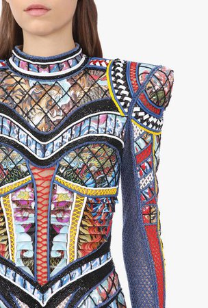 Multicolored Fishnet Embroidered Short Dress for Women - Balmain.com