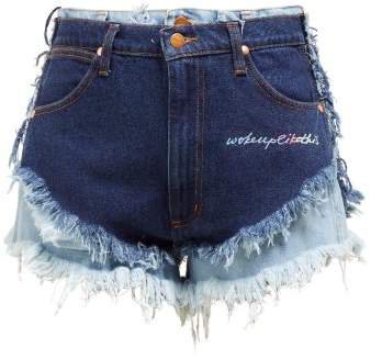 Double Layer Frayed Denim Shorts - Womens - Denim