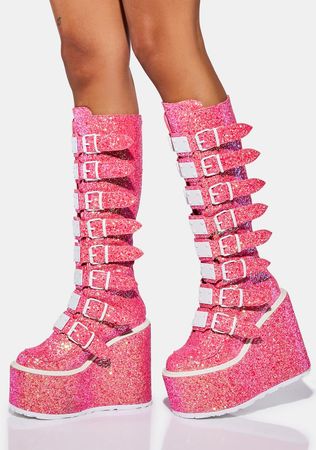 Demonia Swing-815 Knee High Buckle Platform Boots - UV Pink Glitter – Dolls Kill