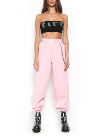 Pink Pockets Chain High Waisted Streetwear Causal Fashion Long Cargo Pants - Pants - Bottoms