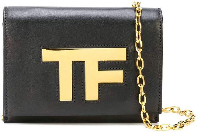 Black Leather TF Gold Logo Chain ShoulderFlap Bag