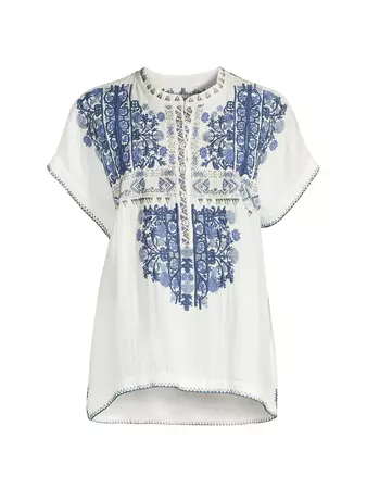Shop Johnny Was Atanase Embroidered Short-Sleeve Blouse | Saks Fifth Avenue