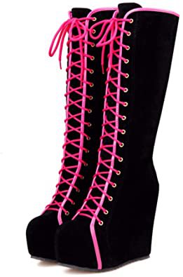 Amazon.com | JOYBI Women Wedges High Heels Boot Height Increasing Platform Round Toe Lace-Up Winter Knee High Boots Red | Knee-High