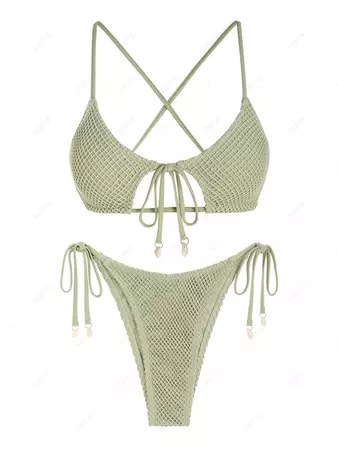 ZAFUL Women's Spaghetti Strap Criss Cross Tie Cut Out Fishnet Shell Decor Star Shaped Tie Side Tanga String Two Piece Bikini Swimwear In LIGHT GREEN | ZAFUL 2024