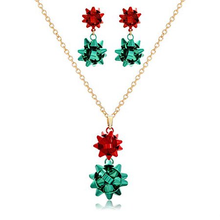 ELEARD Christmas Necklace Earrings Set Gift Bow Pendant Necklace Bow Drop Dangle Earrings Christmas Holiday Party Jewelry for Women Girls (Red and Green): Jewelry