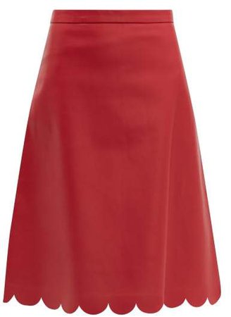 Scalloped Leather Midi Skirt - Womens - Red