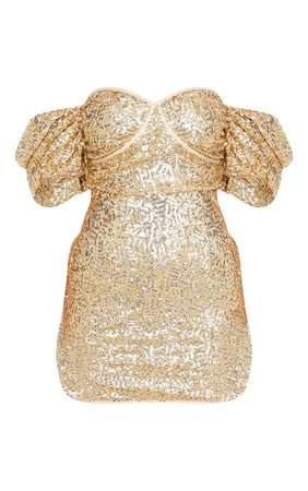 Gold Sequin Puff Sleeve Bardot Bodycon Mini Dress | PrettyLittleThing USA