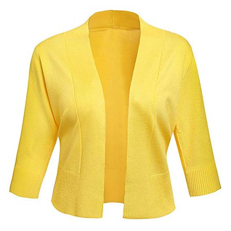 AAMILIFE Women's 3/4 Sleeve Cropped Cardigans Sweaters Jackets Open Front Short Shrugs for Dresses Yellow M at Amazon Women’s Clothing store: