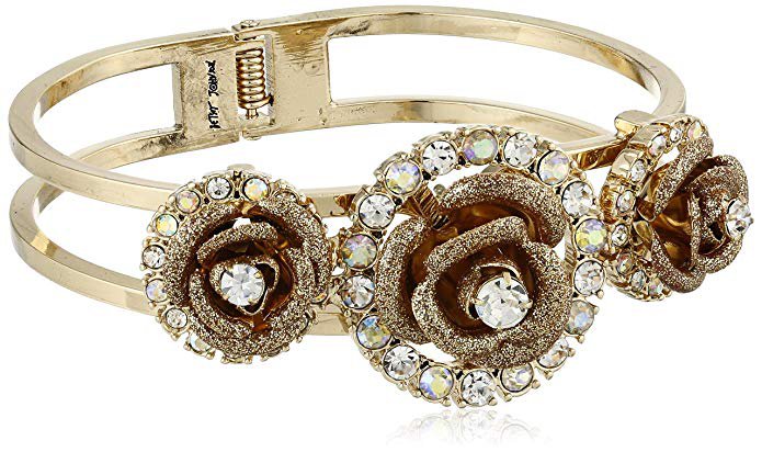 Betsey Johnson "Luminous Betsey" Glitter Rose Hinged Bangle Bracelet: Clothing