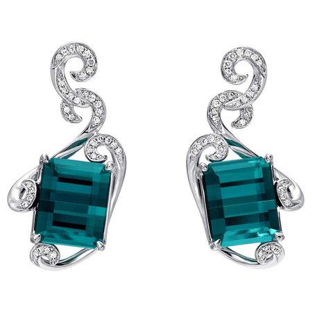 Indicolite Tourmaline Earrings 12.98 Carat Emerald Cut For Sale at 1stDibs