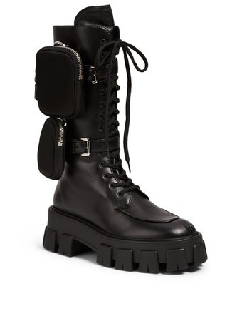 PRADA Monolith Leather Platform Combat Boots With Nylon Pouches | Holt Renfrew
