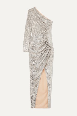 One-shoulder Ruched Sequined Tulle Gown - Silver