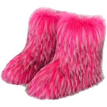 Amazon.com | BININBOX Faux Fur Boots for Women Fuzzy Fluffy Furry Round Toe Suede Winter Comfy Plush Warm Short Snow Bootie Flat Shoes Mid-Calf Boots Outdoor Indoor(7 B(M) US,Pink) | Shoes