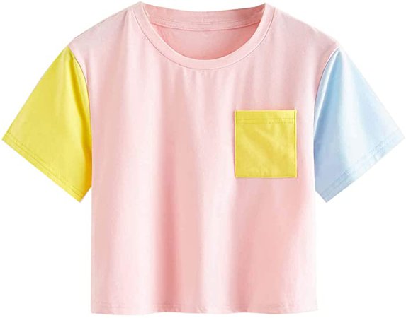 Romwe Women's Casual Colorblock Short Sleeve Pocket Summer Crop Tops Tshirt Tee at Amazon Women’s Clothing store