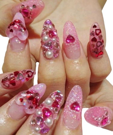 pink almond nails with pearls and gems