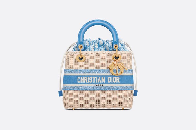 Medium Lady Dior Bag Natural Wicker and Cornflower Blue Dior Oblique Jacquard | DIOR