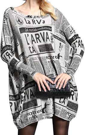 ellazhu Women's Autumn Long Sleeve Printed Newsprint Crew Neck Sweater Sweatshirt DH40 Grey at Amazon Women’s Clothing store