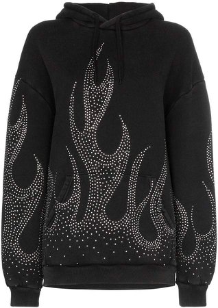 crystal-embellished flame motif cotton hoodie