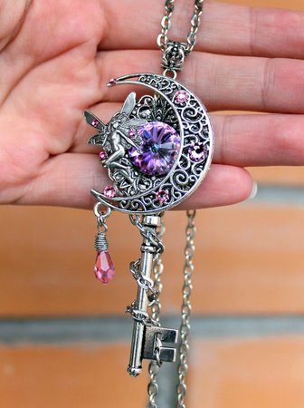 Fantasy key, pink key, fairy key, moon key, crystal key, swarovski jewelry, vintage jewelry, vintage necklace, fantasy jewelry
