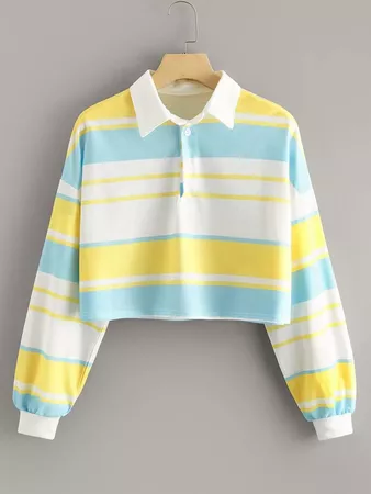 Multi-striped Polo Neck Crop Sweatshirt | ROMWE