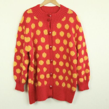 Vintage Hand Knit Wool Cardigan Red Yellow Polka Dot Chunky L 52" Chest Womens | eBay