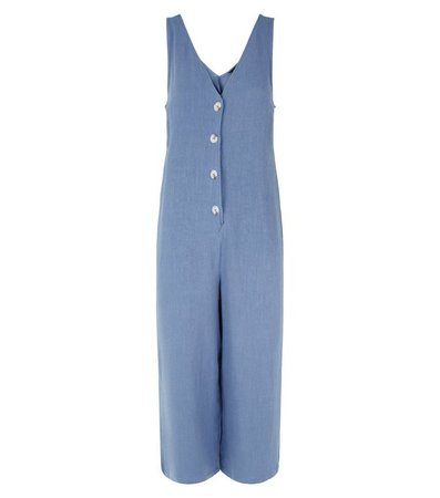 Blue Linen Look Button Front Crop Jumpsuit | New Look