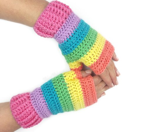 Pastel Rainbow Striped Fingerless Gloves Colorful Wrist | Etsy