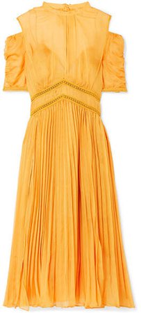 Cold-shoulder Pleated Chiffon Midi Dress - Mustard