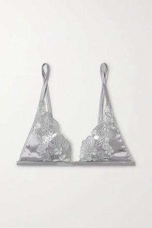 Silver Metallic lace-trimmed satin soft-cup triangle bra | Fleur du Mal | NET-A-PORTER