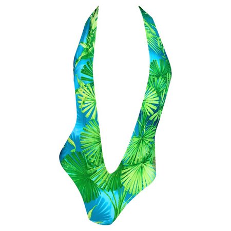 S/S 2001 Gianni Versace Famed Palm Tree Print Plunging Swimsuit Bodysuit $9,200