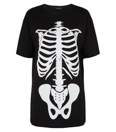 Black Halloween Skeleton Longline T-Shirt | New Look