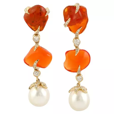 14.53 Carat Mexican Fire Opal 18 Karat Gold Diamond Drop Earrings For Sale at 1stDibs