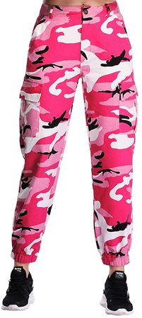 ZODLLS Women's Camo Pants Cargo Trousers Cool Camouflage Pants Elastic Waist Casual Multi Outdoor Jogger Pants with Pocket(Hot Pink, Small) at Amazon Women’s Clothing store