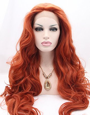 K'ryssma Fashion Women's Copper Red Lace Front Wigs Synthetic Glueless Long Wavy Free Part Half Hand Tied Replacement Full Wigs For Halloween Heat Resistant #360 24 inches