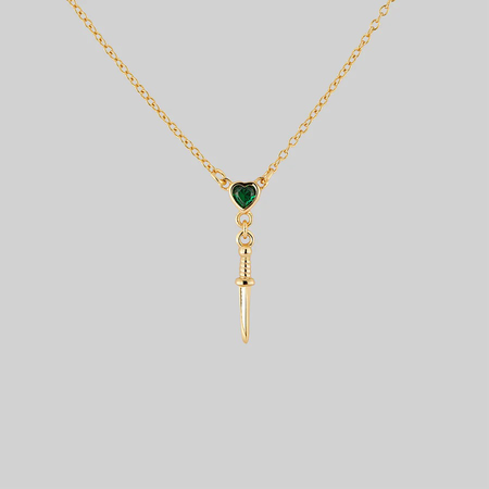 gold sword and emerald necklace