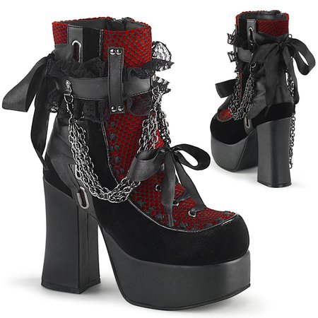 DEMONIA "Charade-110" Ankle Boots - Black Vegan Leather-Red/Black Velvet-Fishnet Overlay – Demonia Cult