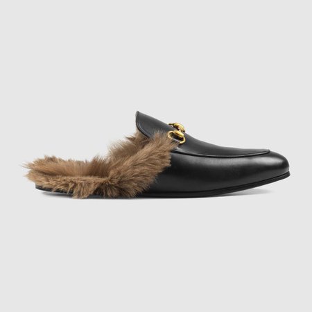 Black Leather Princetown Men's Slipper With Lamb Wool | GUCCI® US
