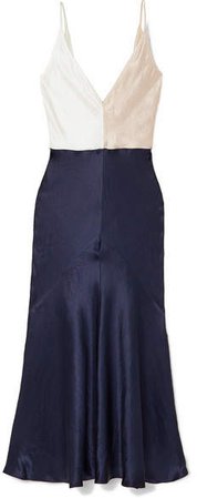 Bridget Color-block Linen And Silk-blend Satin Maxi Dress - Navy