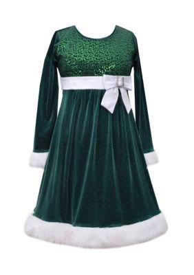 Bonnie Jean Sequin Faux Fur Trim Santa Dress in Green