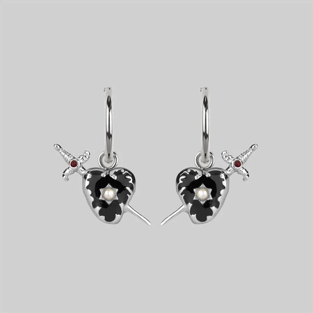 silver and black heart and sword earrings