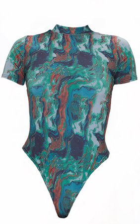 Green Marble Print High Neck Short Sleeve Bodysuit | PrettyLittleThing USA